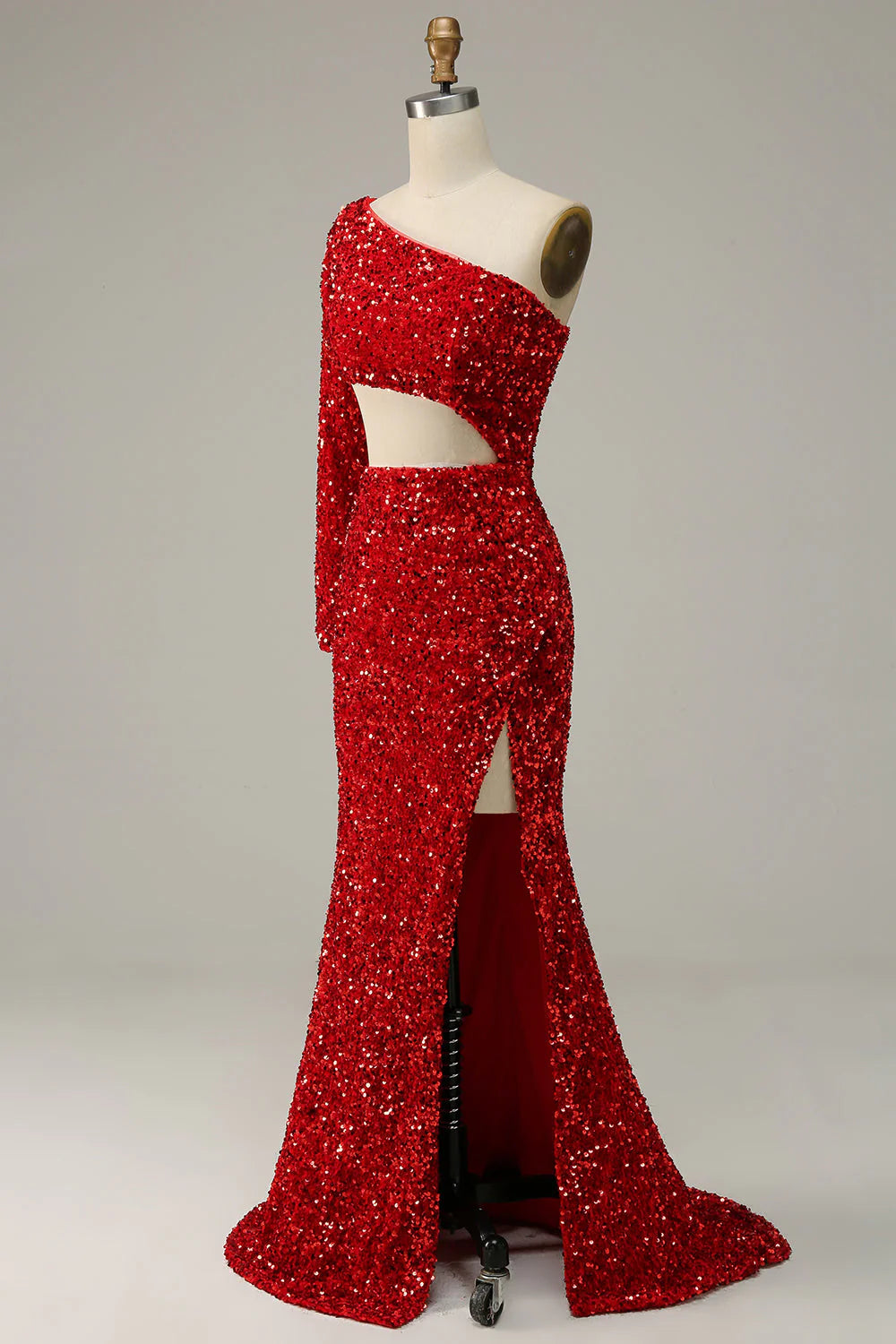 Red Mermaid One Shoulder Sequins Cut Out Prom Dress with Slit Front