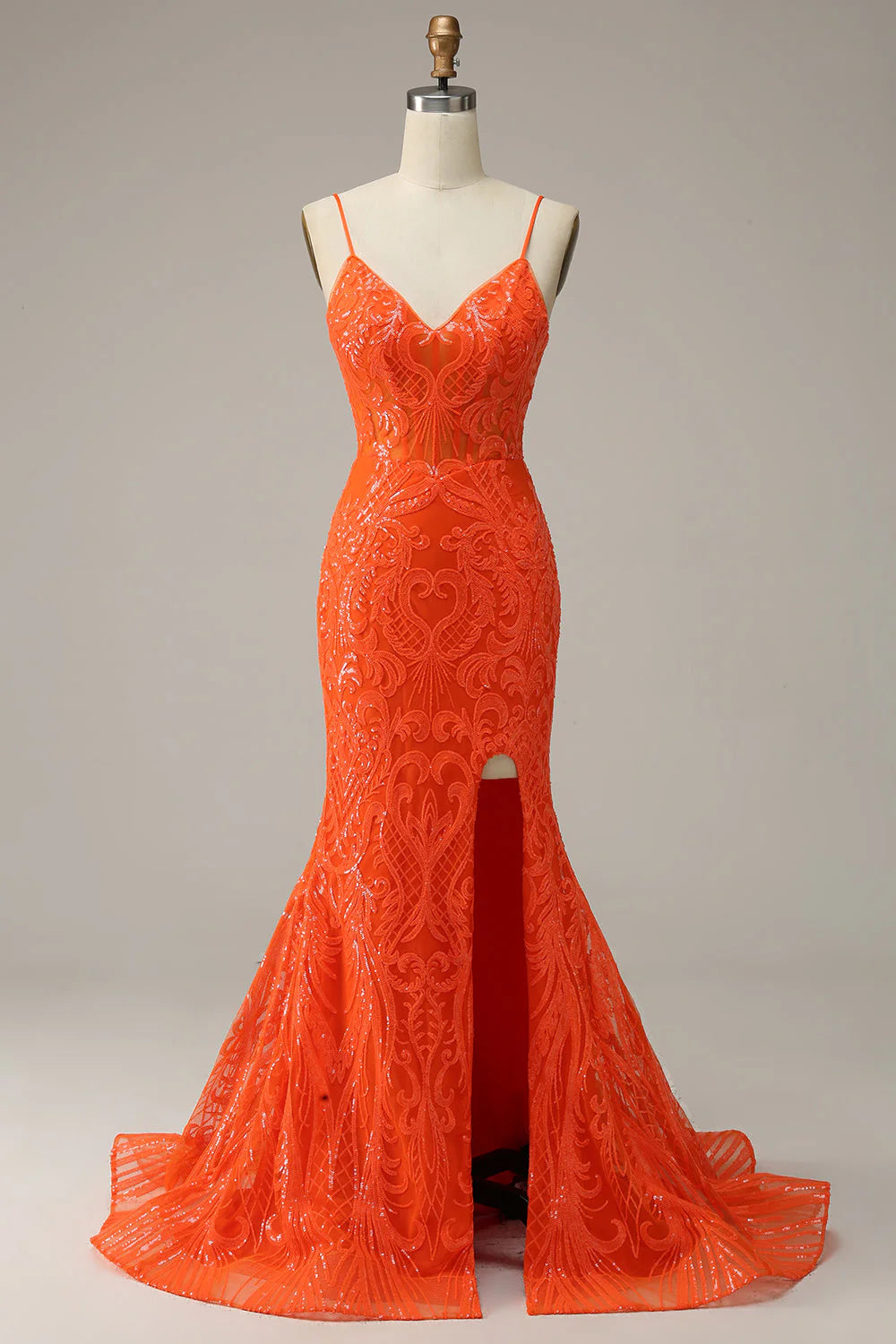 Orange mermaid slim suspender long front slit ball dress