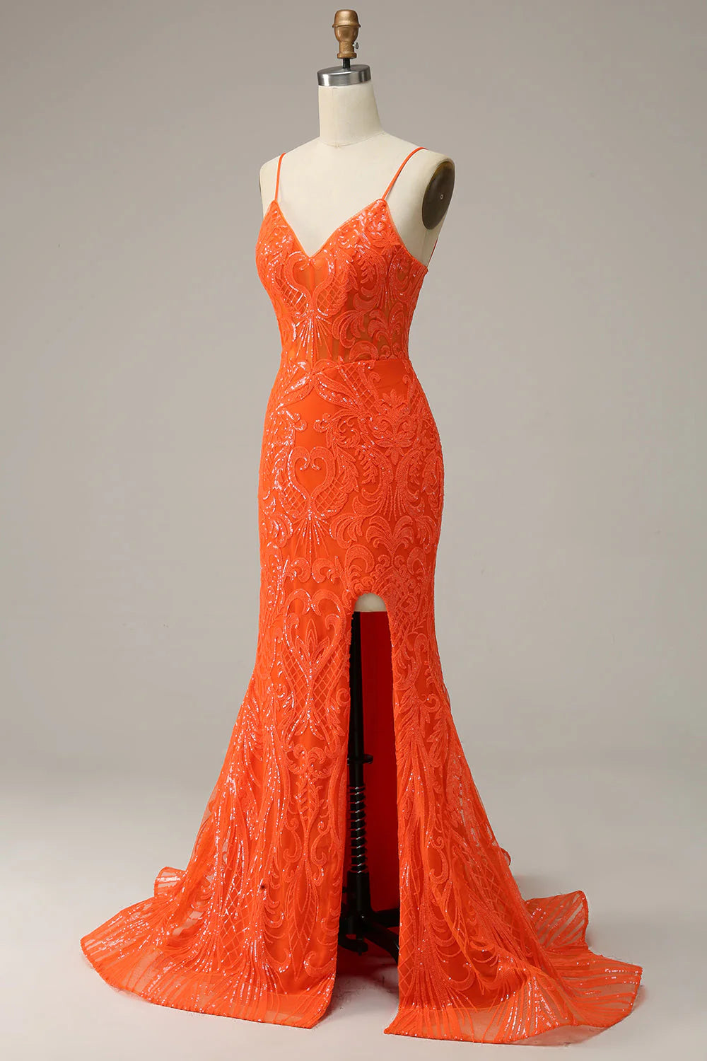 Orange mermaid slim suspender long front slit ball dress