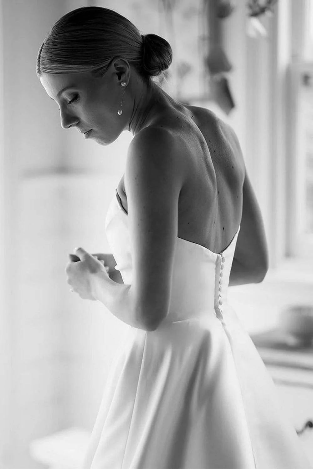 Simple A Line Strapless White Long Bridal Dress with Train