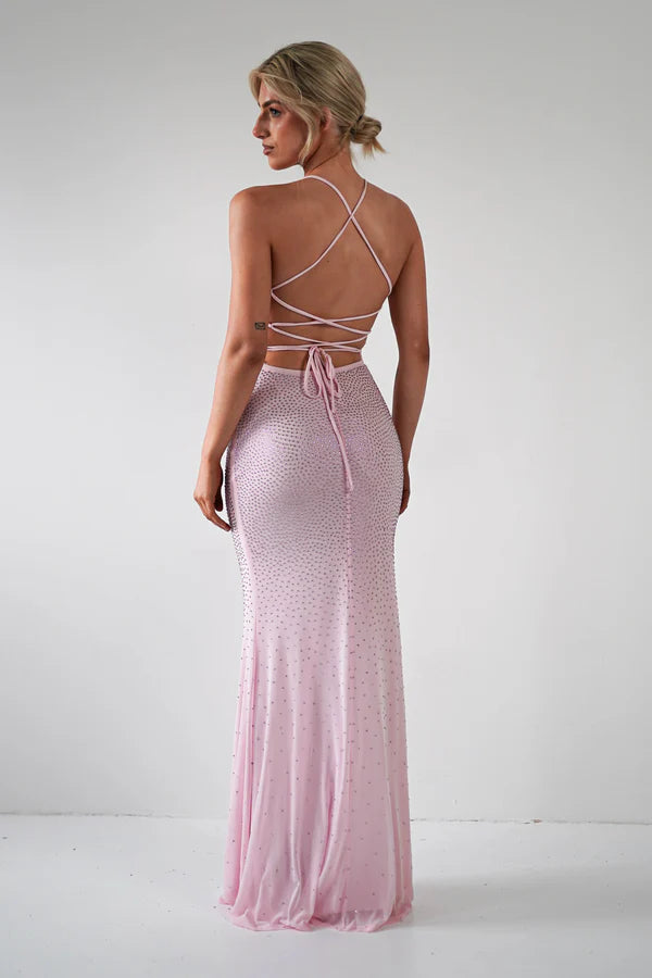 V-neck slim suspender backless tight mermaid dress with rhinestones