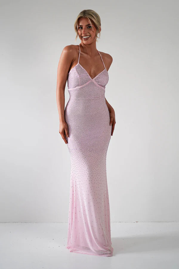 V-neck slim suspender backless tight mermaid dress with rhinestones