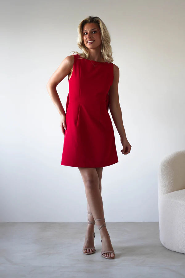 Round neck sleeveless backless short skirt with bow tie dress
