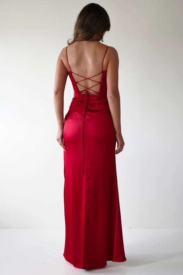 Thin camisole backless dress with side slit