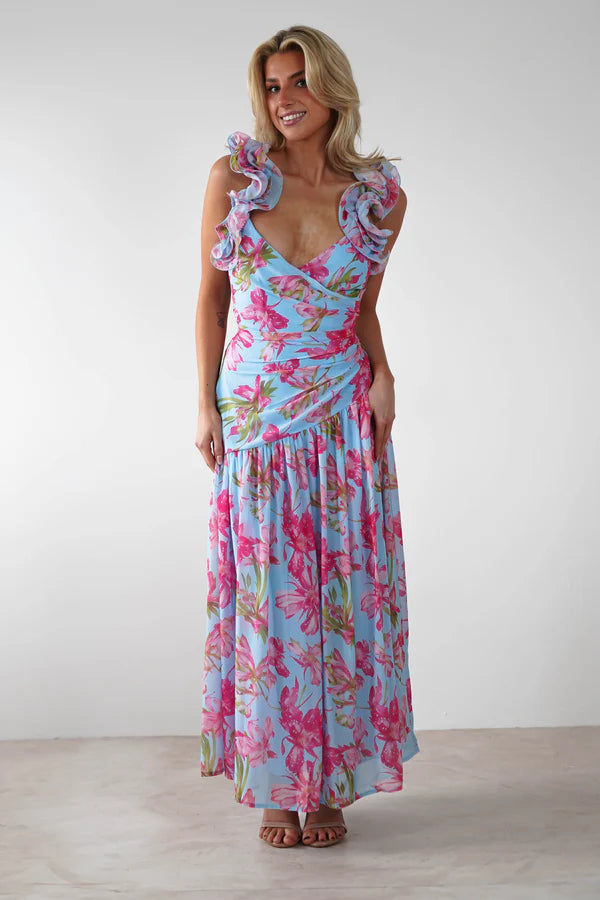 Deep V backless floral dress dress