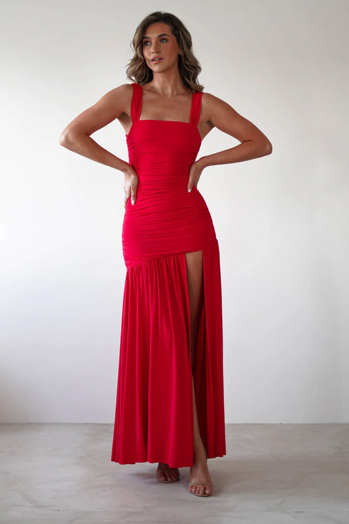 Square neck tight fitting dress with side slit