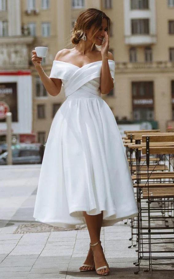 Retro off shoulder short wedding dress A-line satin bridal gown