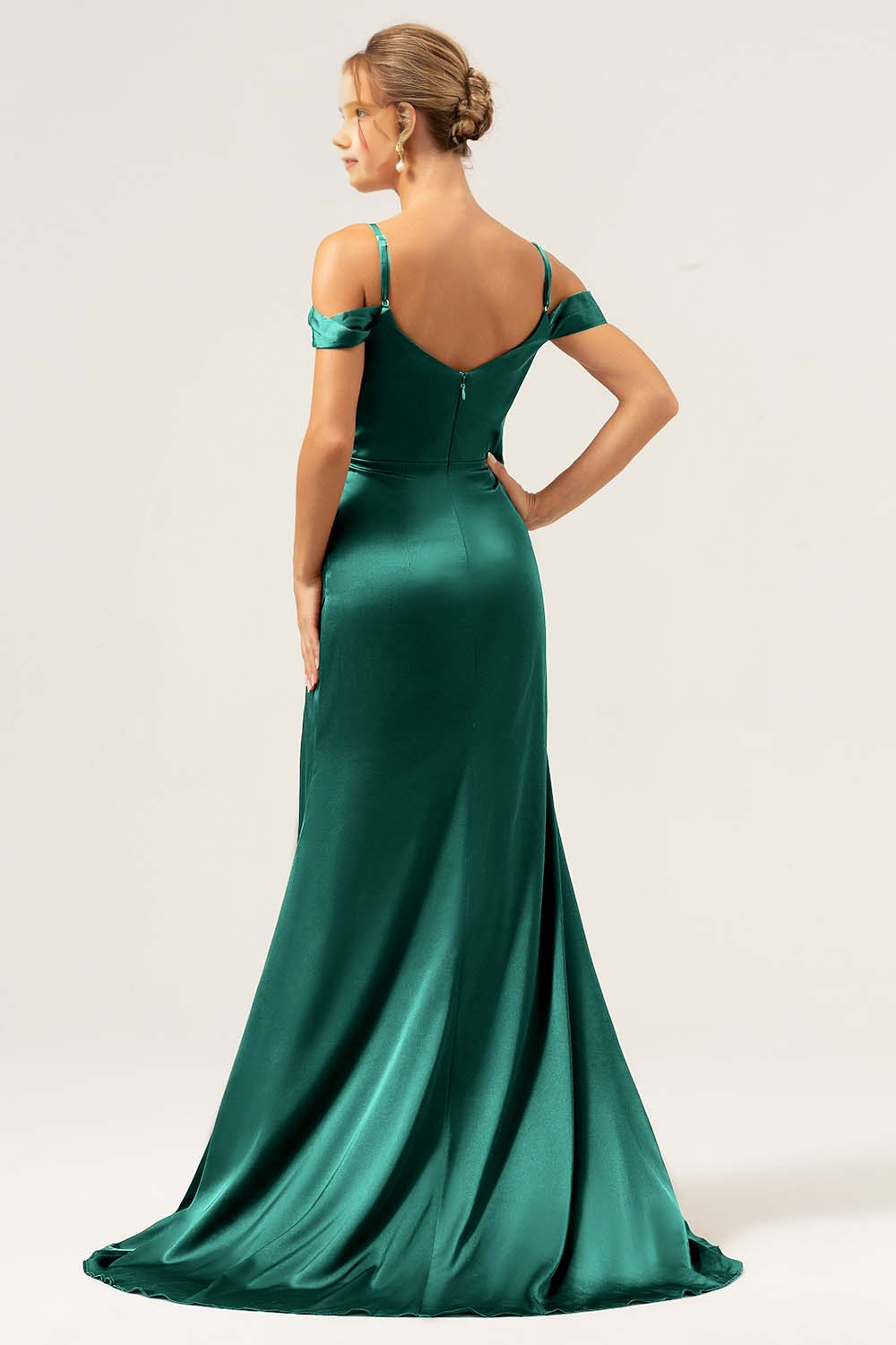 Mermaid cold shoulder pleated long satin bridesmaid dress with slit