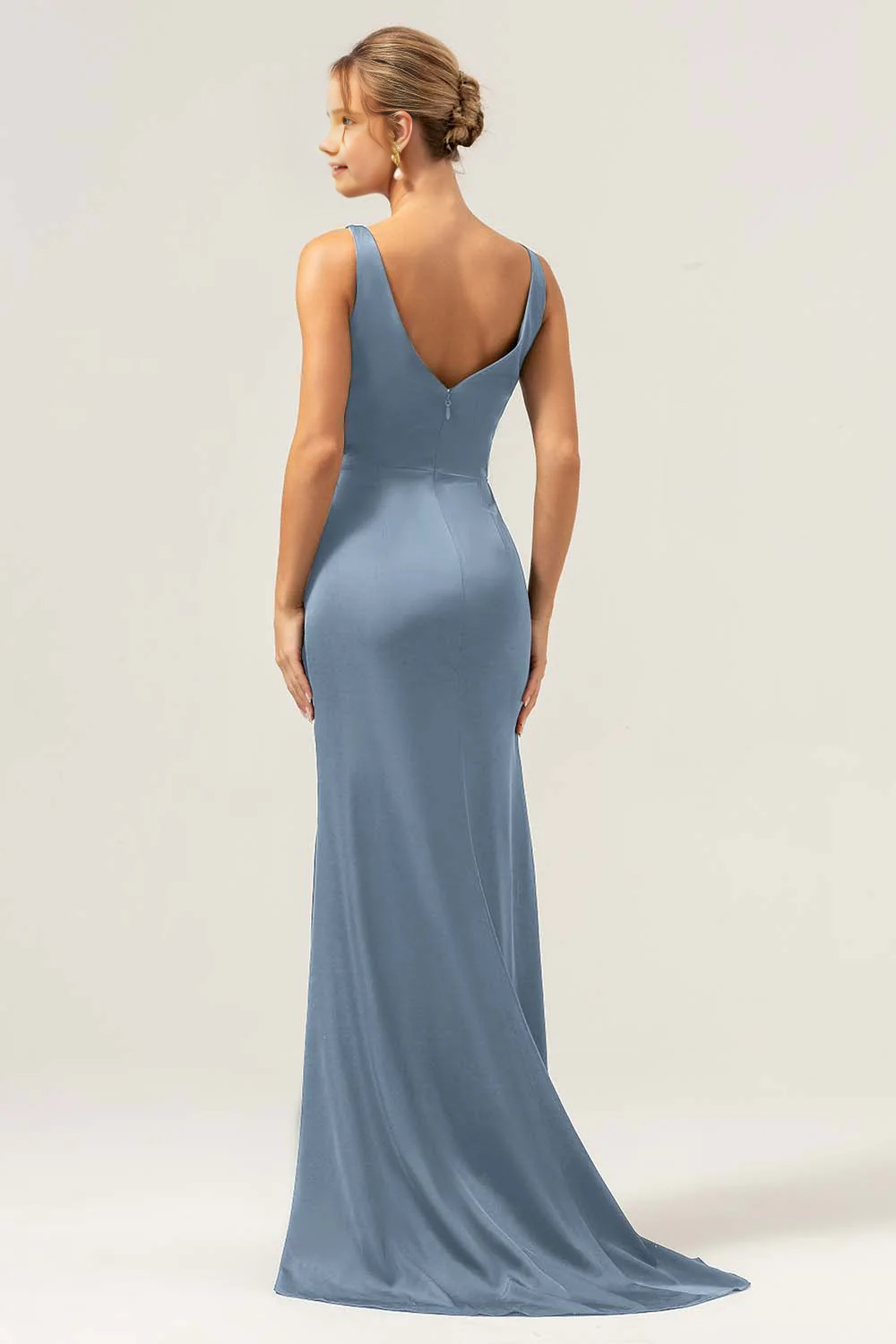 Mermaid V-neck pleated high-low satin bridesmaid dress with slit