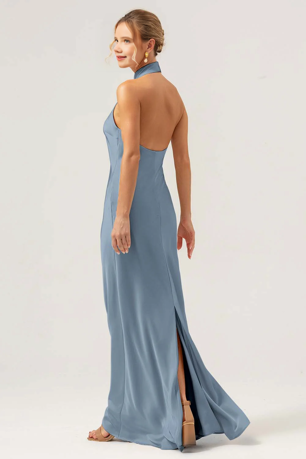 Hanging neck backless long satin bridesmaid dress with slit