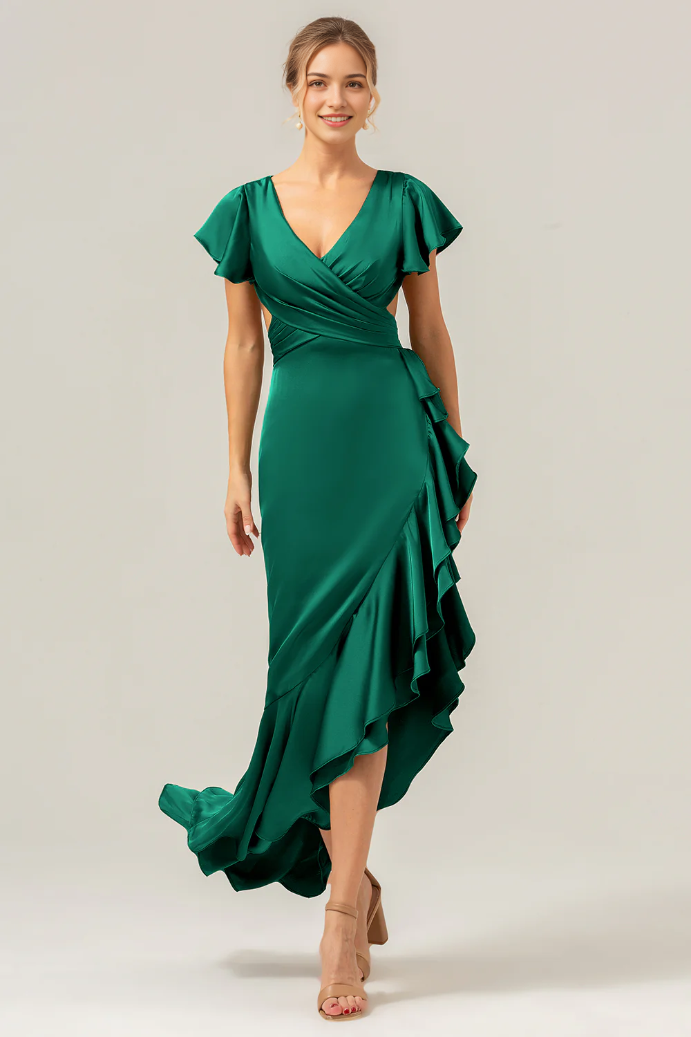 A V-neck asymmetrical pleated bridesmaid dress