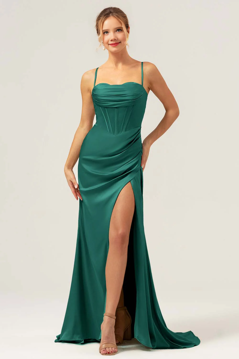 Collar pleated satin bridesmaid dress with slit