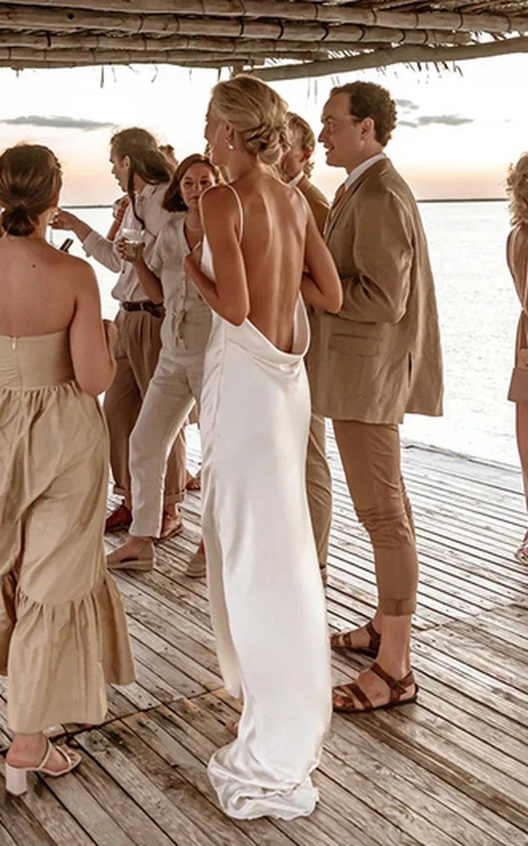 Sleeveless simple casual sexy V-neck satin solid color beach mop backless wedding dress