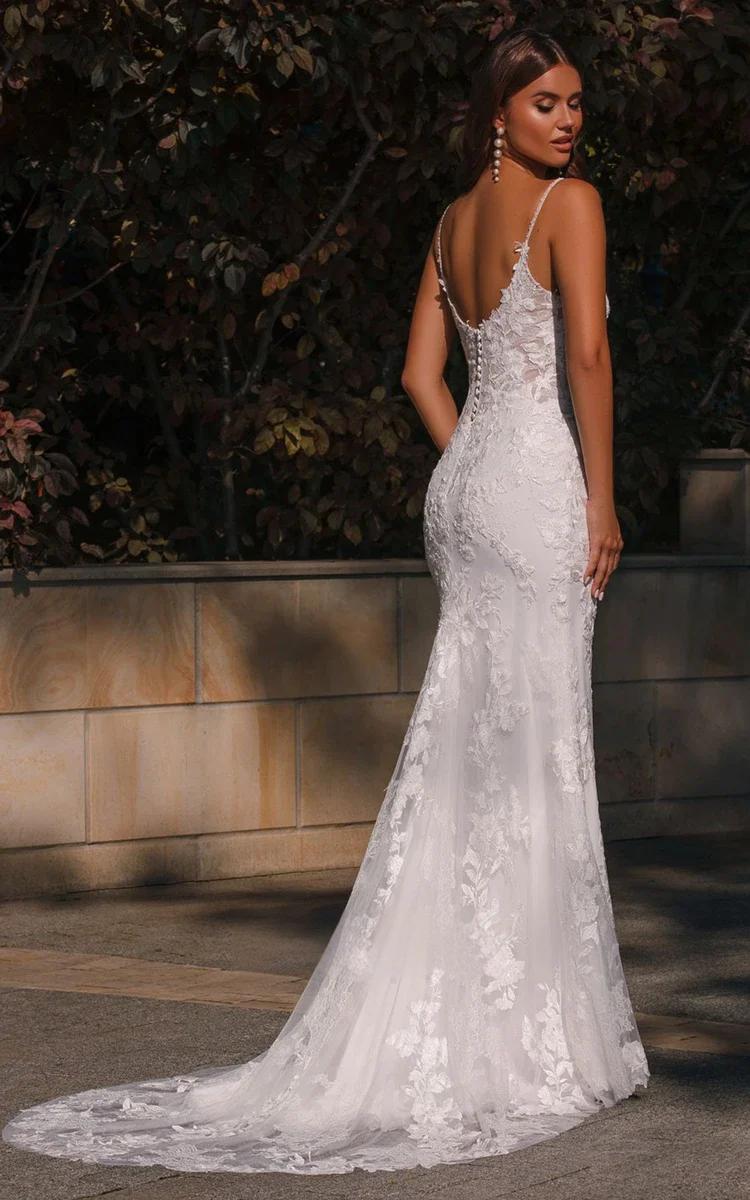 White Mermaid Wedding Dress Sexy Summer Beach Flower Lace V-neck Bridal Dress
