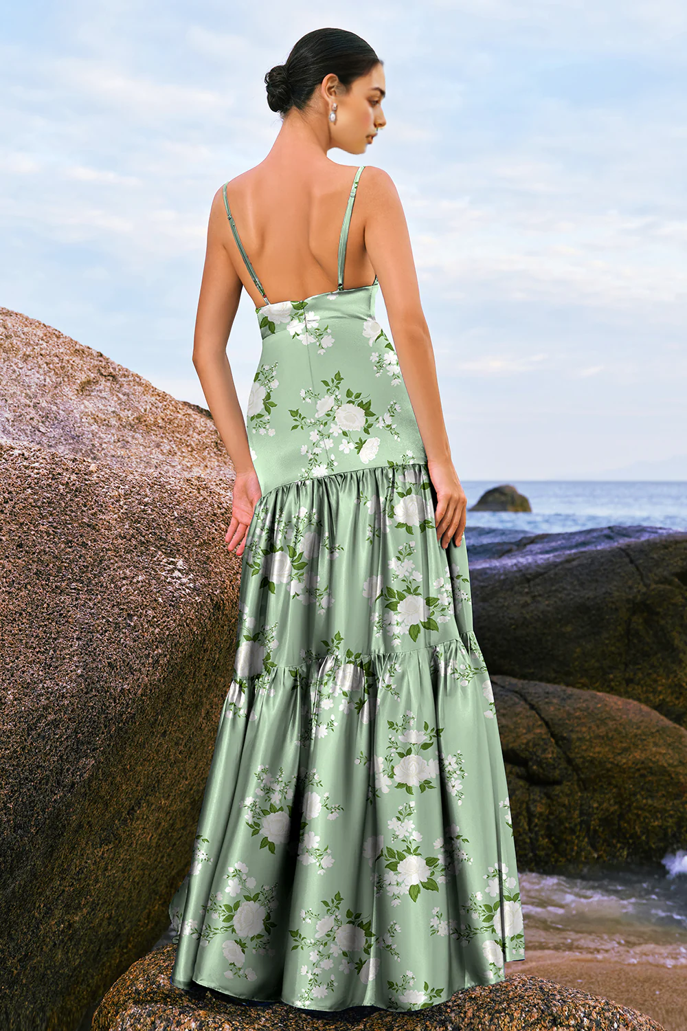 Floral skirt A-line thin shoulder strap satin long bridesmaid dress