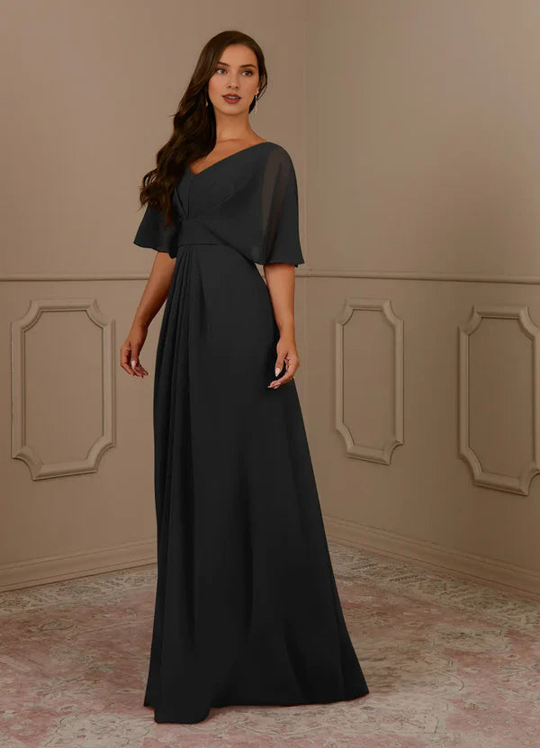 A-line V-neck pleated chiffon and floor length mother of bride dress