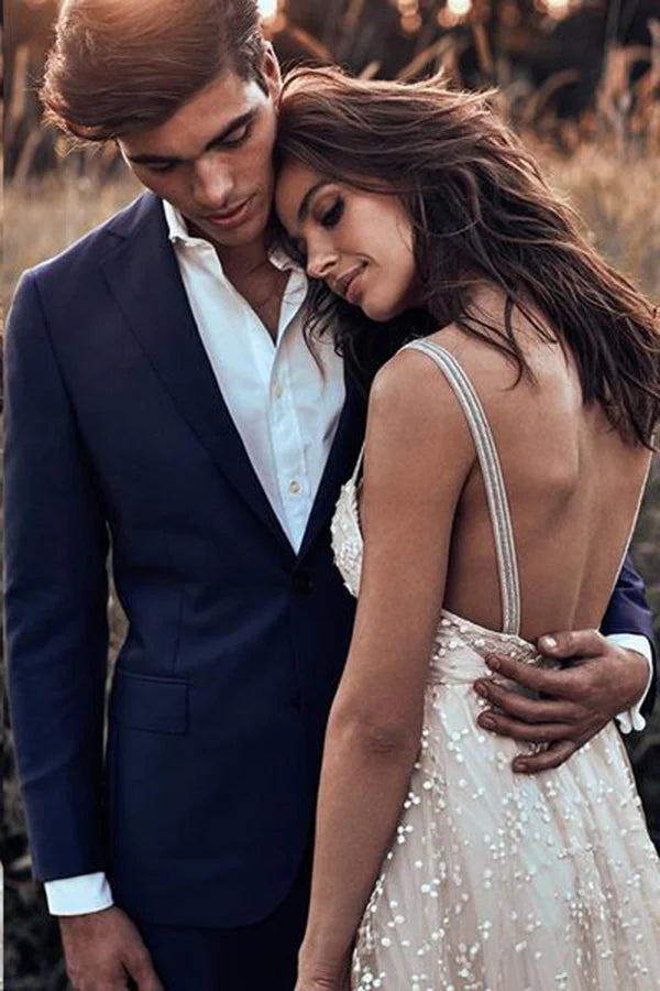 Simple backless thin suspender V-neck sleeveless wedding dress