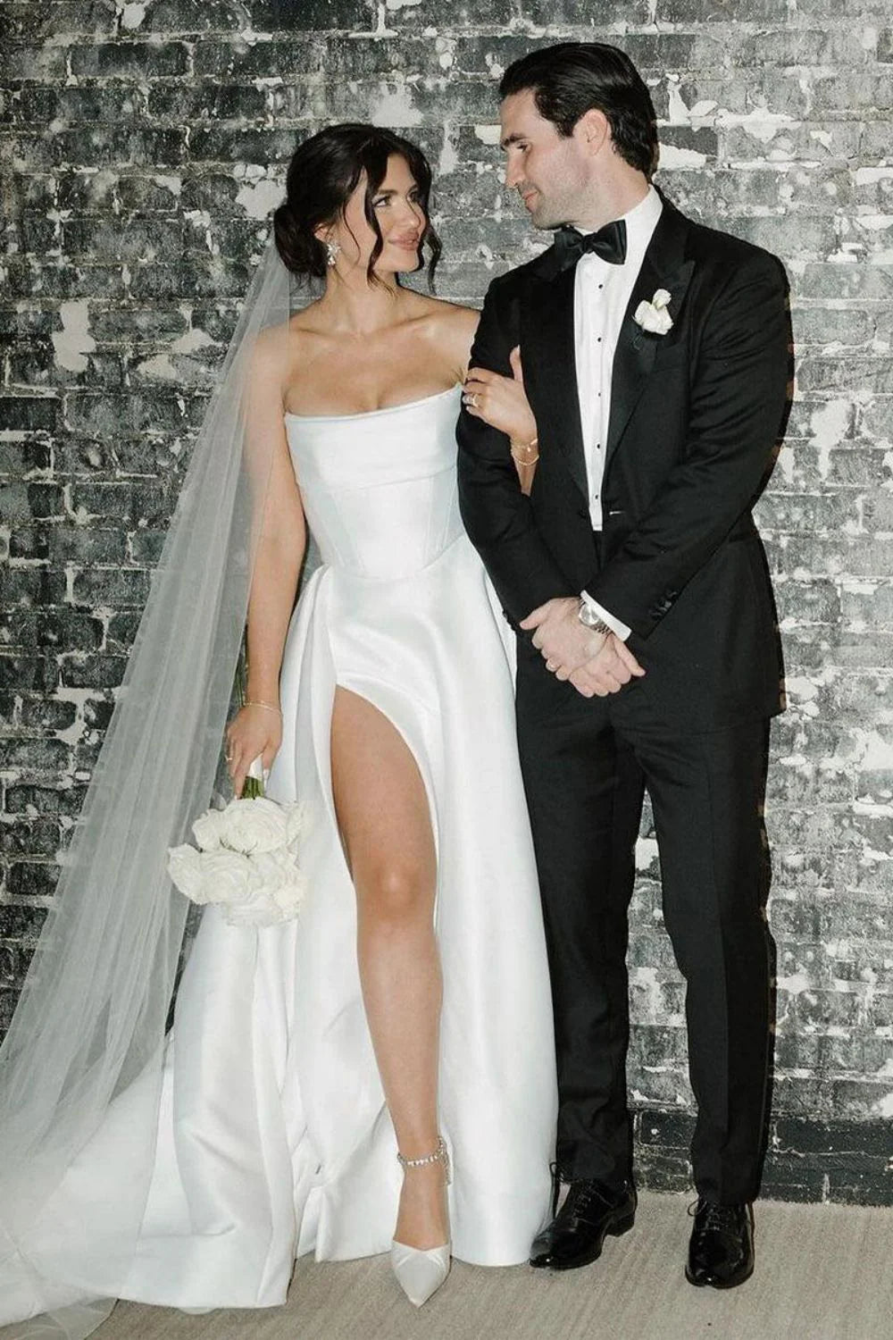 Elegant A Line Strapless White Long Bridal Dress with Split Front
