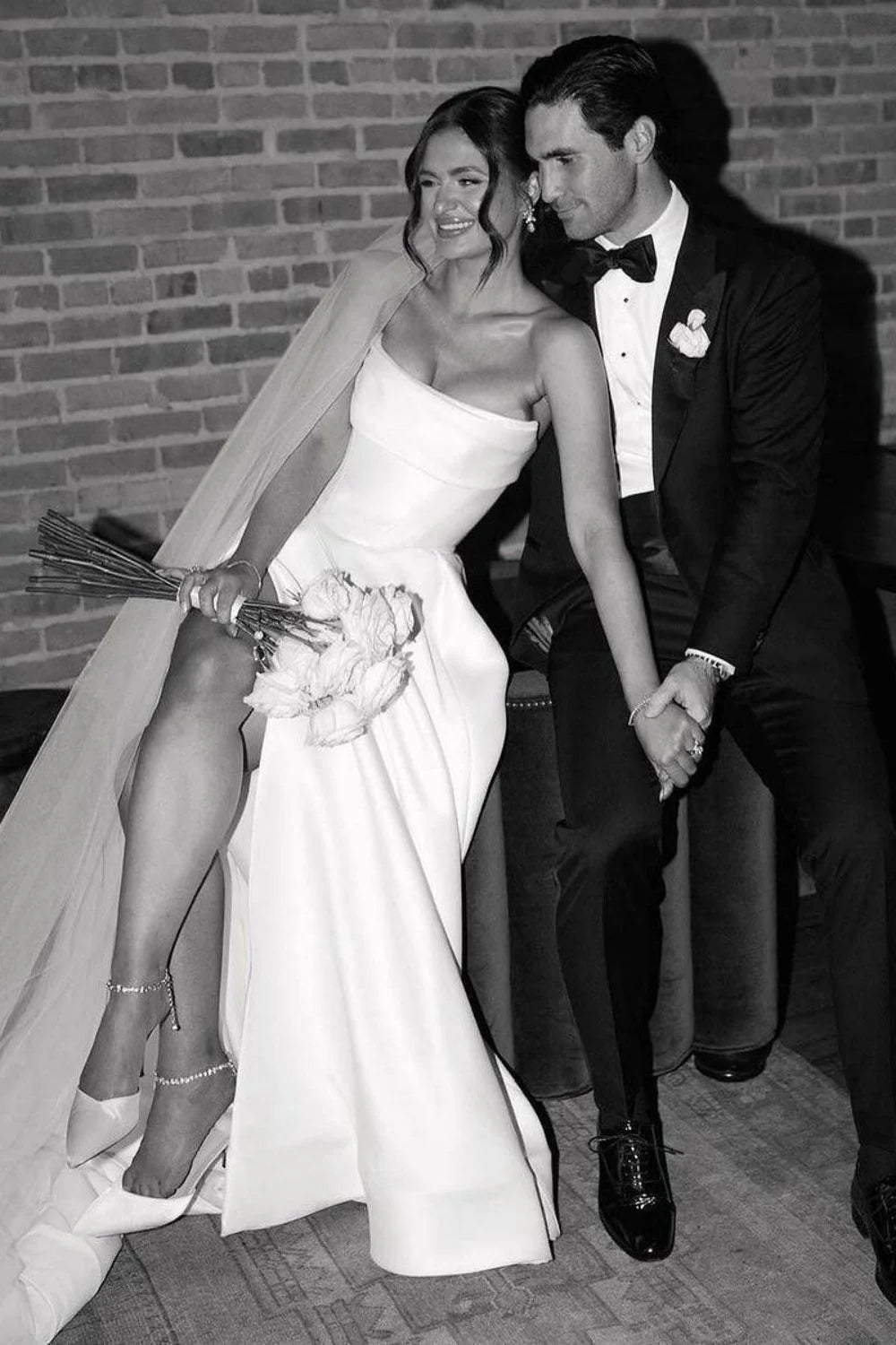 Elegant A Line Strapless White Long Bridal Dress with Split Front
