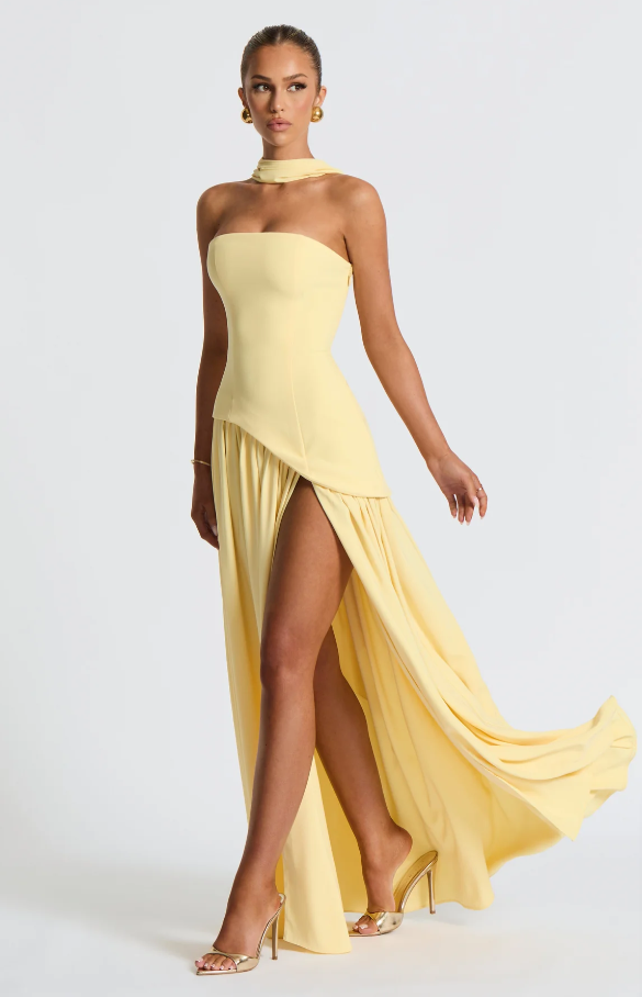 Light Yellow Fashion Split Strapless Summer Prom Dress With Scarf