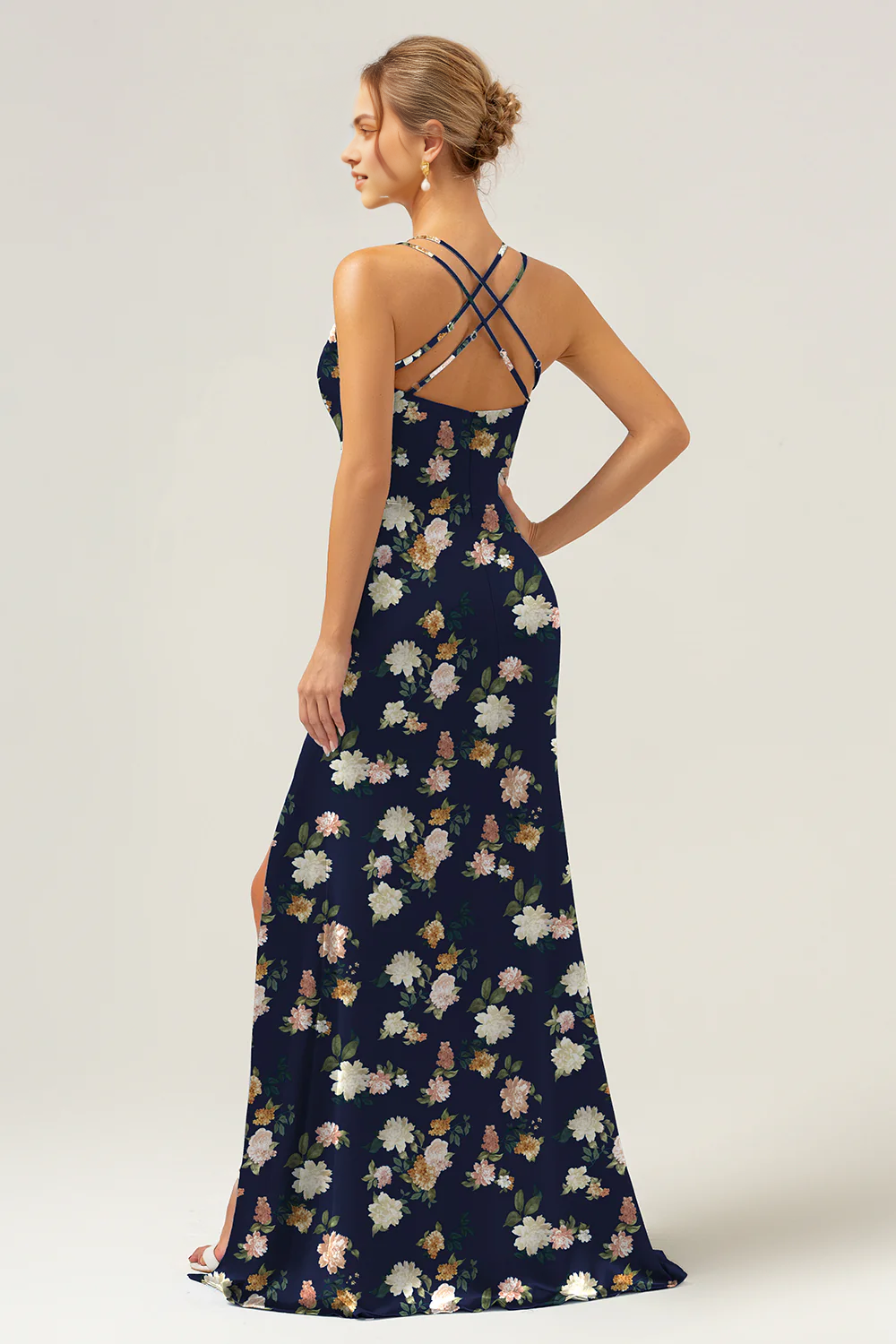 Thin camisole long bridesmaid dress with slit