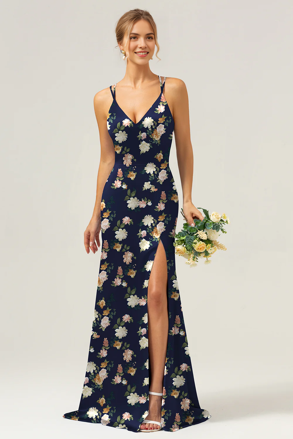 Thin camisole long bridesmaid dress with slit