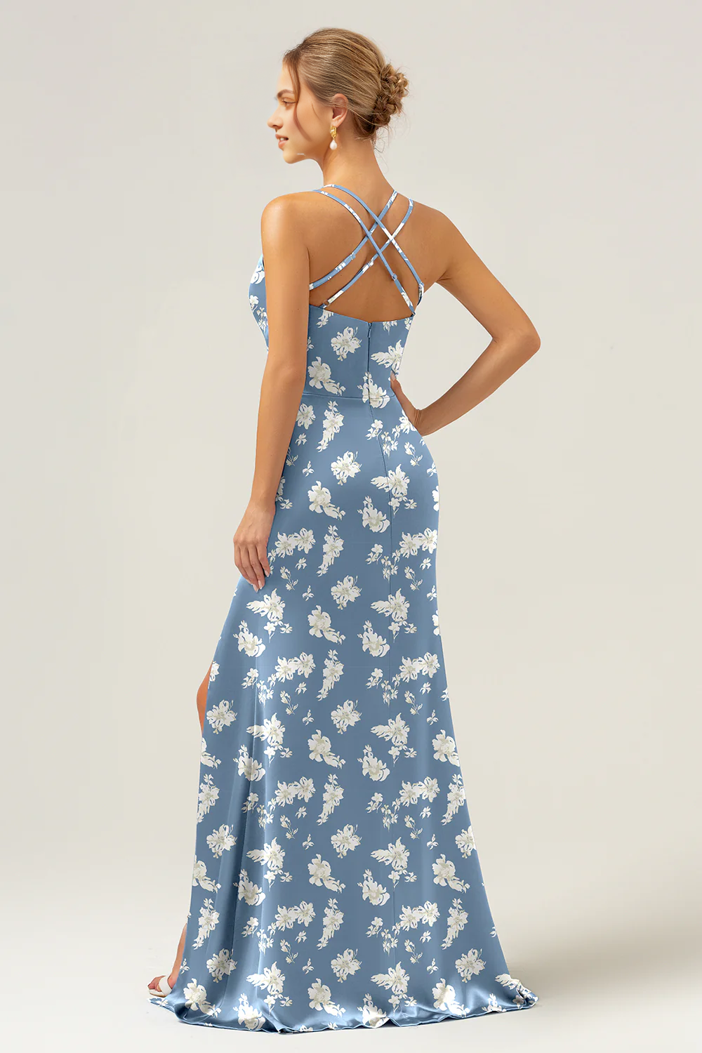 Thin camisole long bridesmaid dress with slit