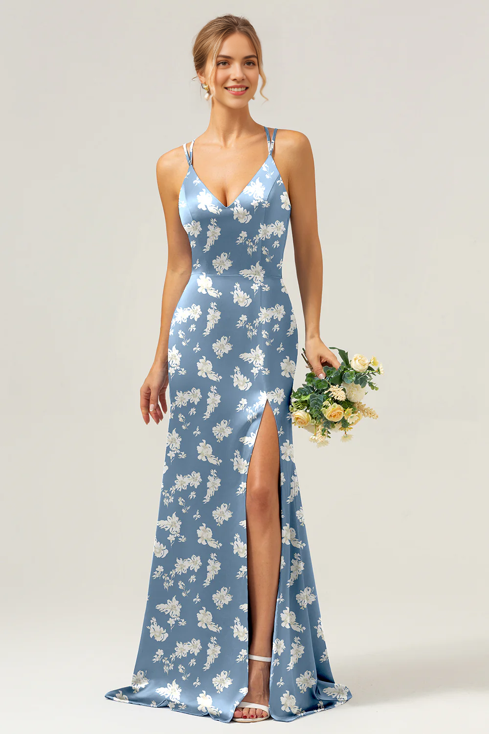 Thin camisole long bridesmaid dress with slit