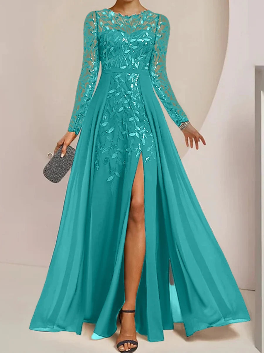 A-Line/Princess Scoop Floor-Length Mother of the Bride Dresses with Split Side Ruffles Sequins