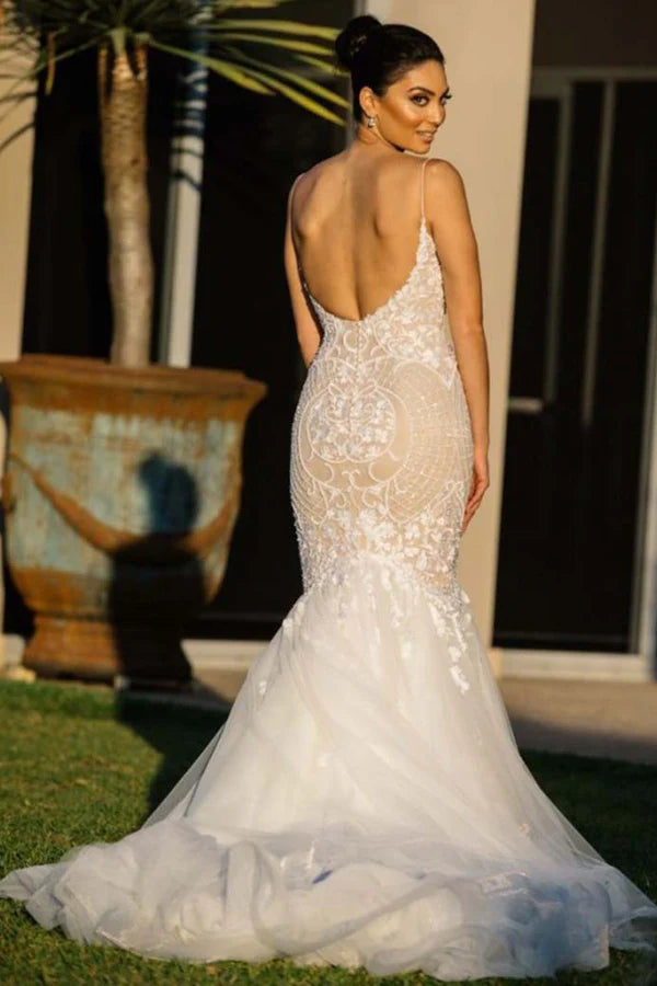 Charming mermaid sweetheart backless thin suspender chiffon wedding dress