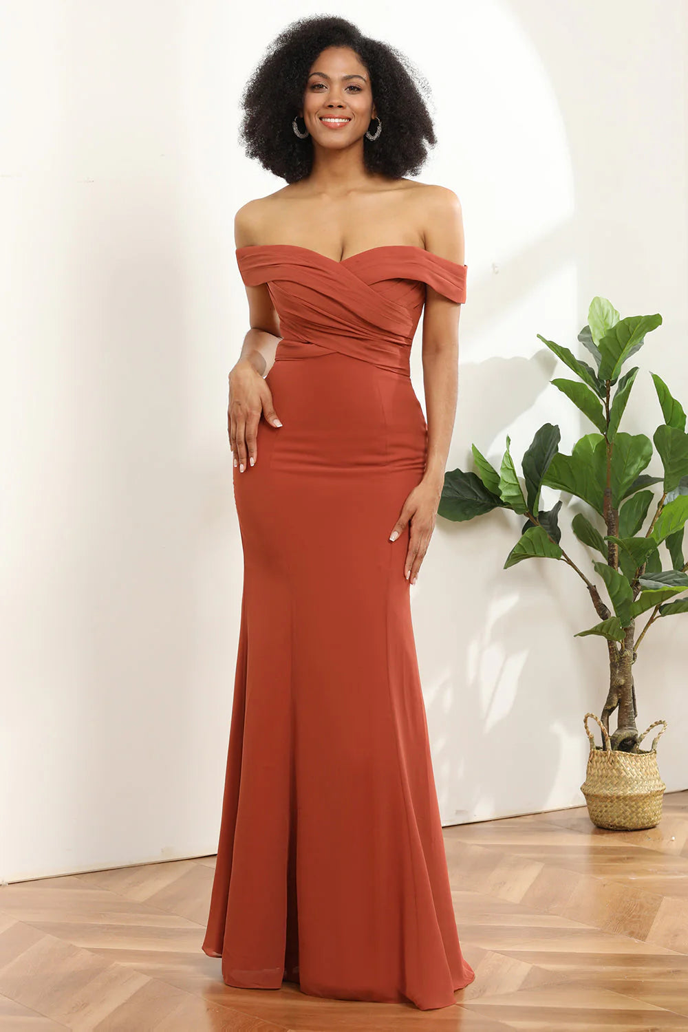 Strapless mermaid off shoulder chiffon long bridesmaid dress