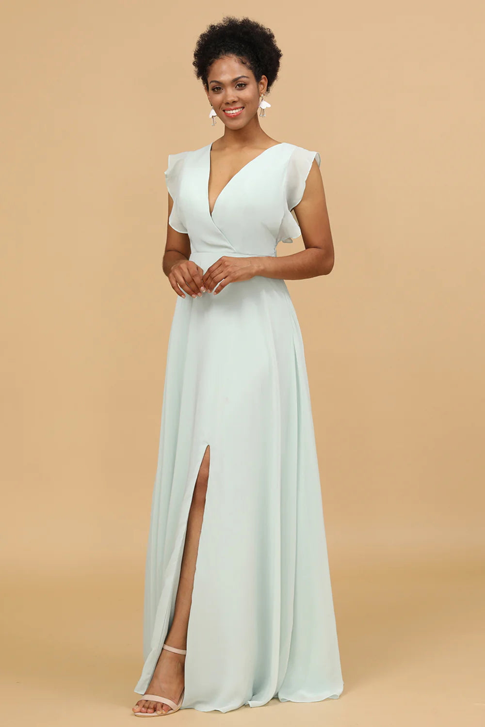 Mint V-Neck Long Chiffon Bridesmaid Dress with Slit