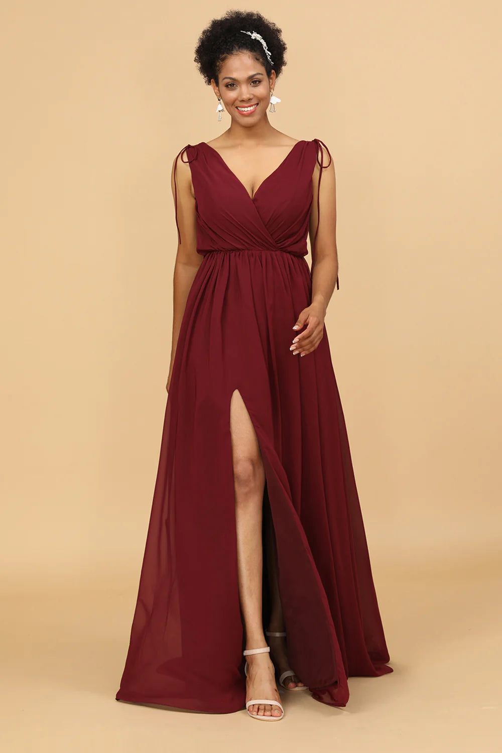 V-neck pleated chiffon bridesmaid dress with side slit
