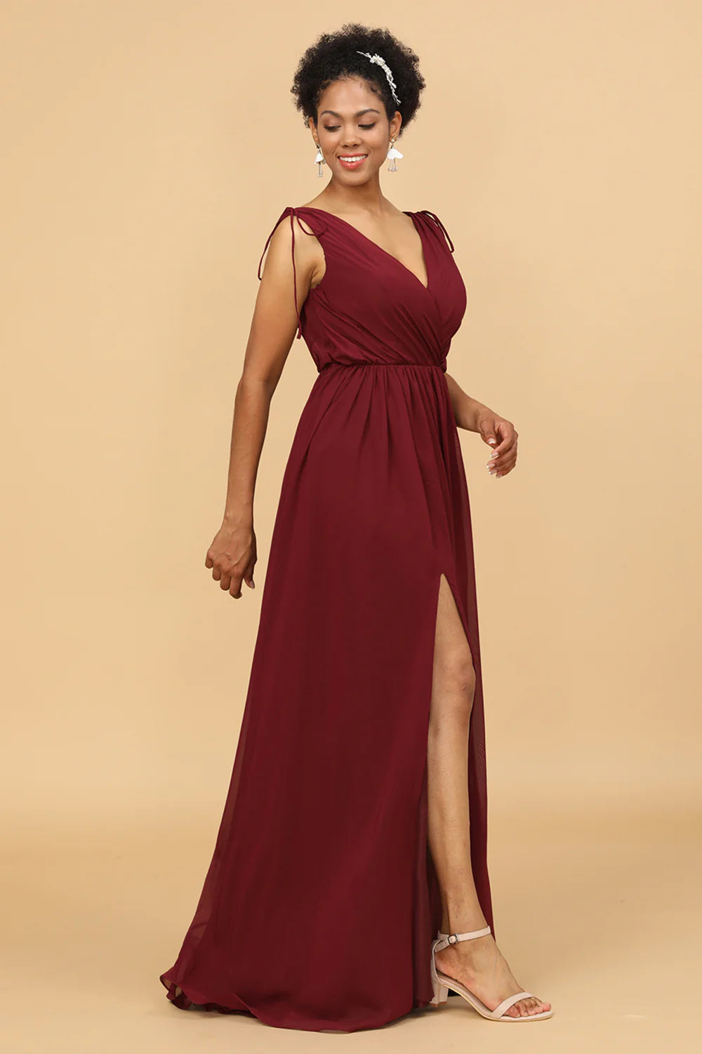 V-neck pleated chiffon bridesmaid dress with side slit