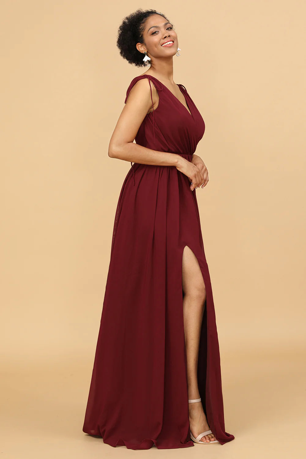 V-neck pleated chiffon bridesmaid dress with side slit