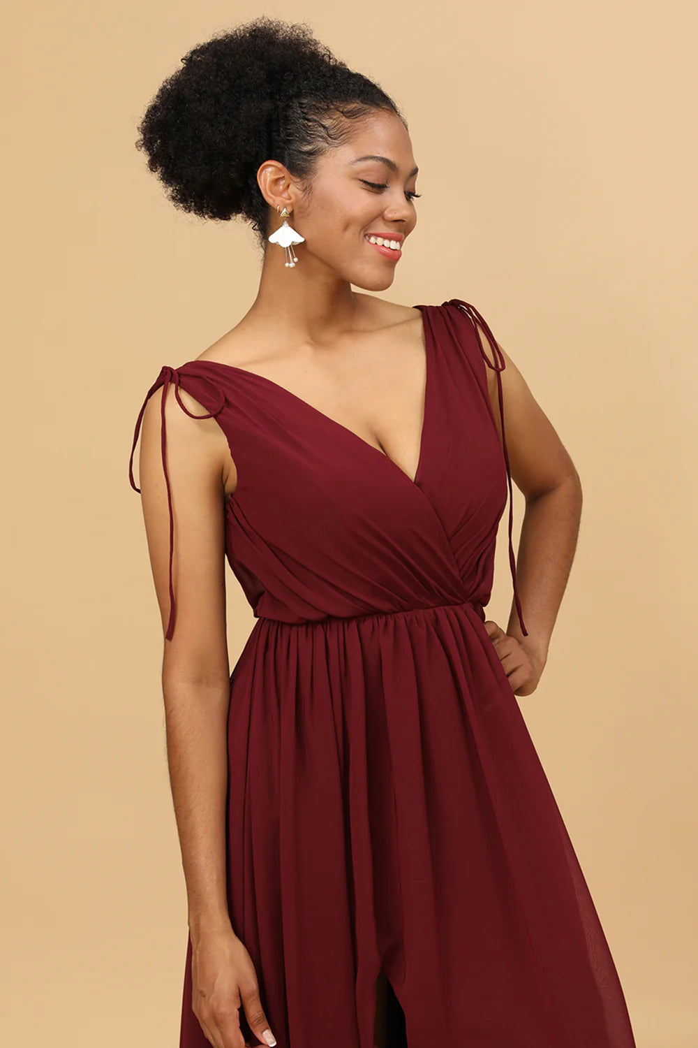 V-neck pleated chiffon bridesmaid dress with side slit