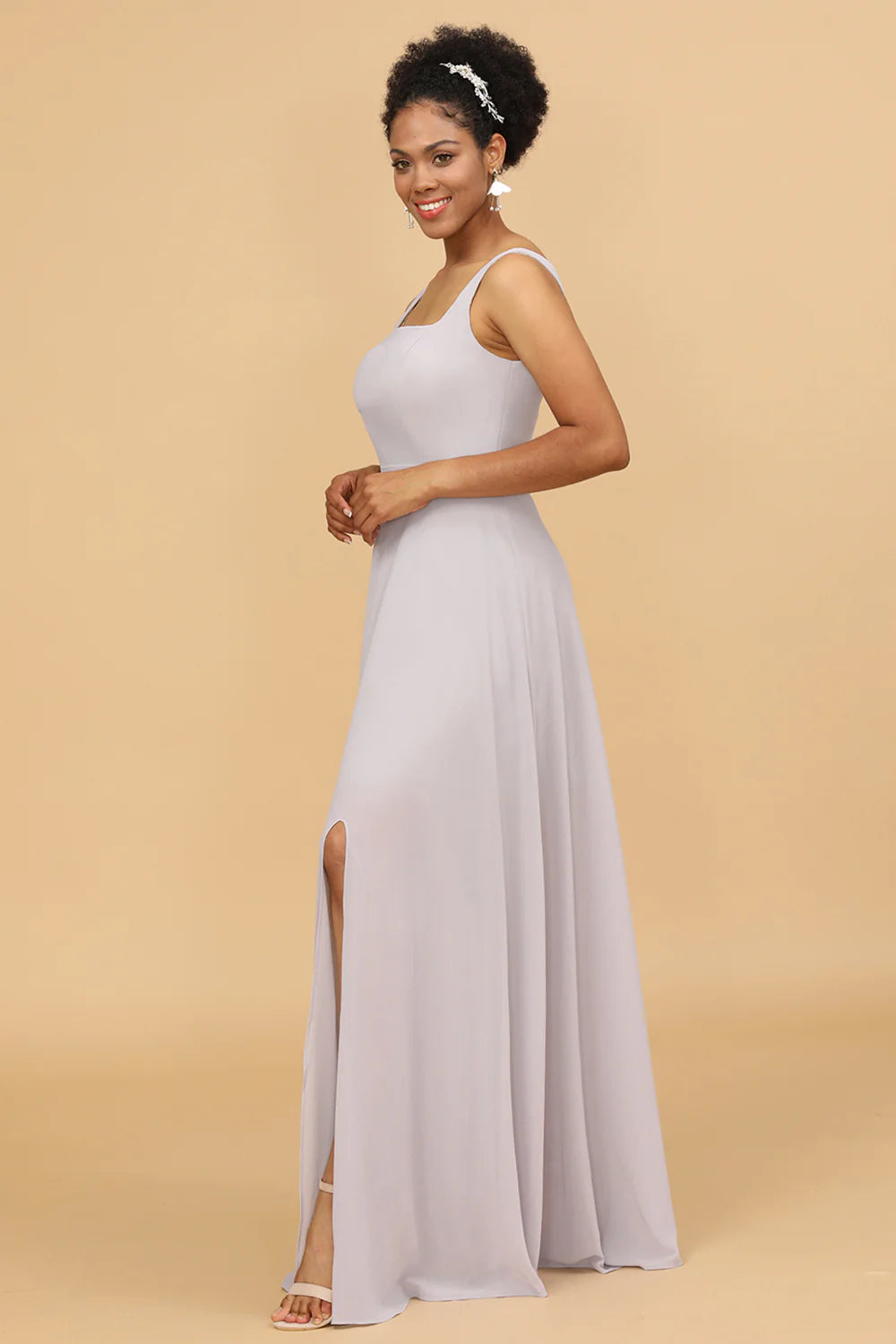 Square neck chiffon bridesmaid dress with side slit