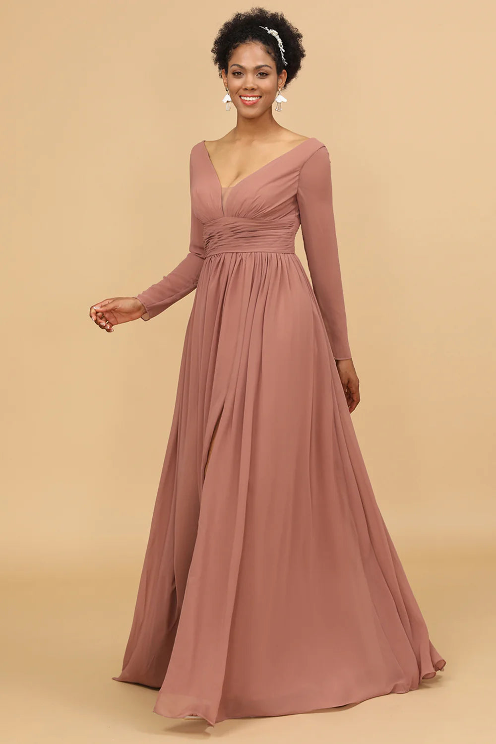 V-neck long sleeved chiffon bridesmaid dress with slit
