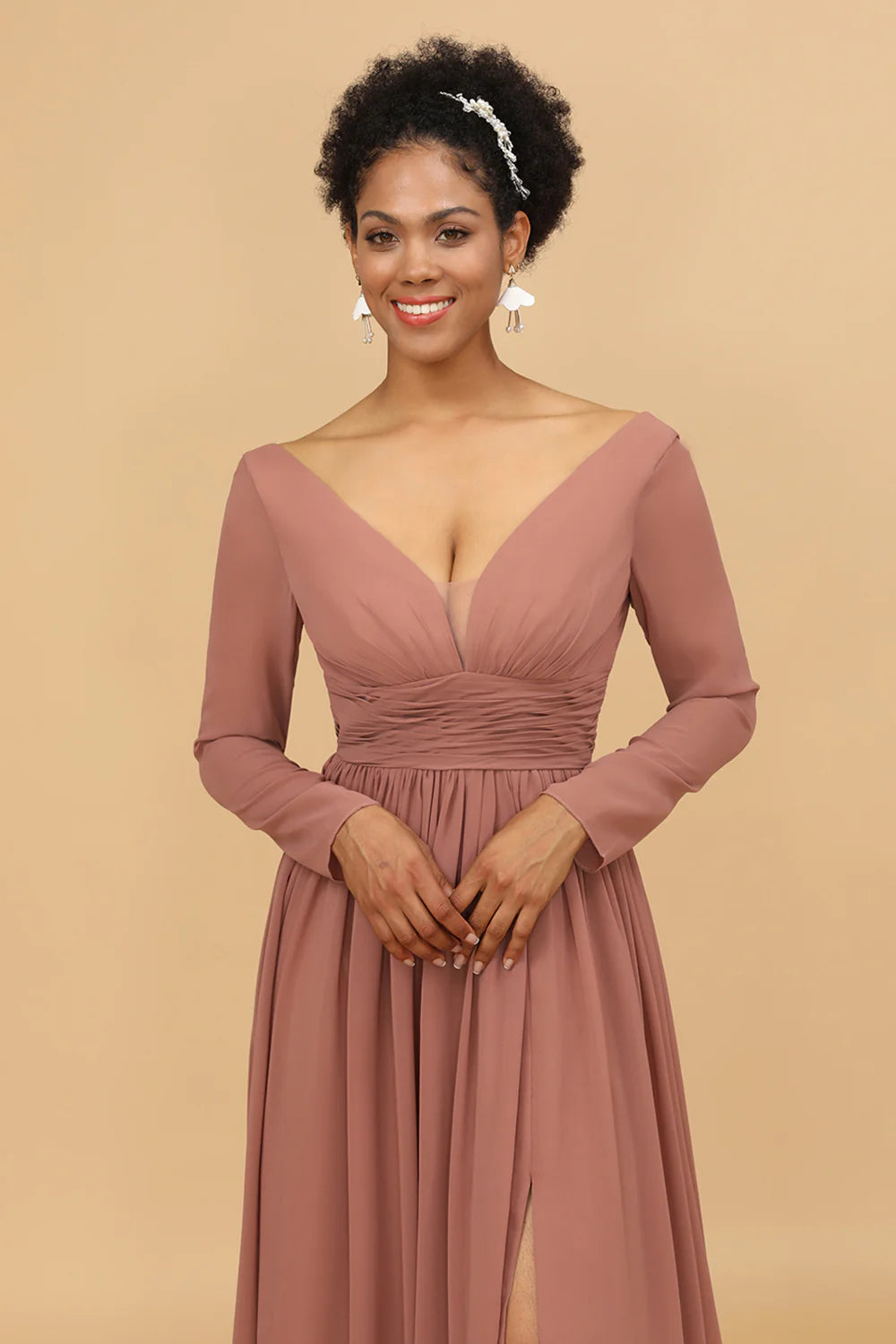 V-neck long sleeved chiffon bridesmaid dress with slit