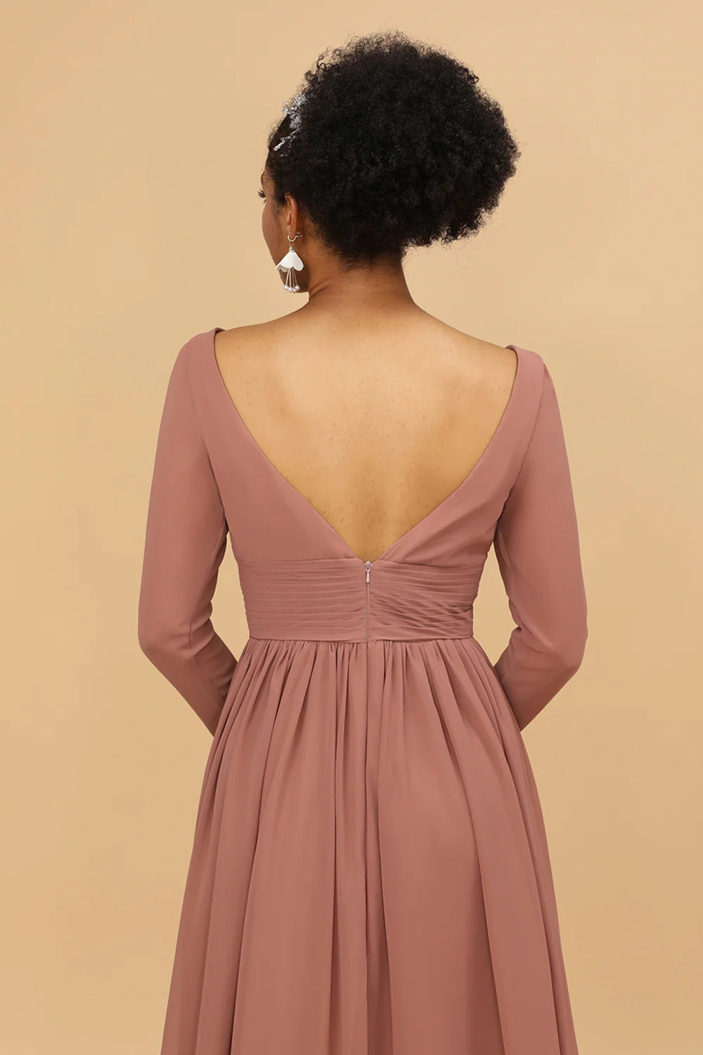 V-neck long sleeved chiffon bridesmaid dress with slit