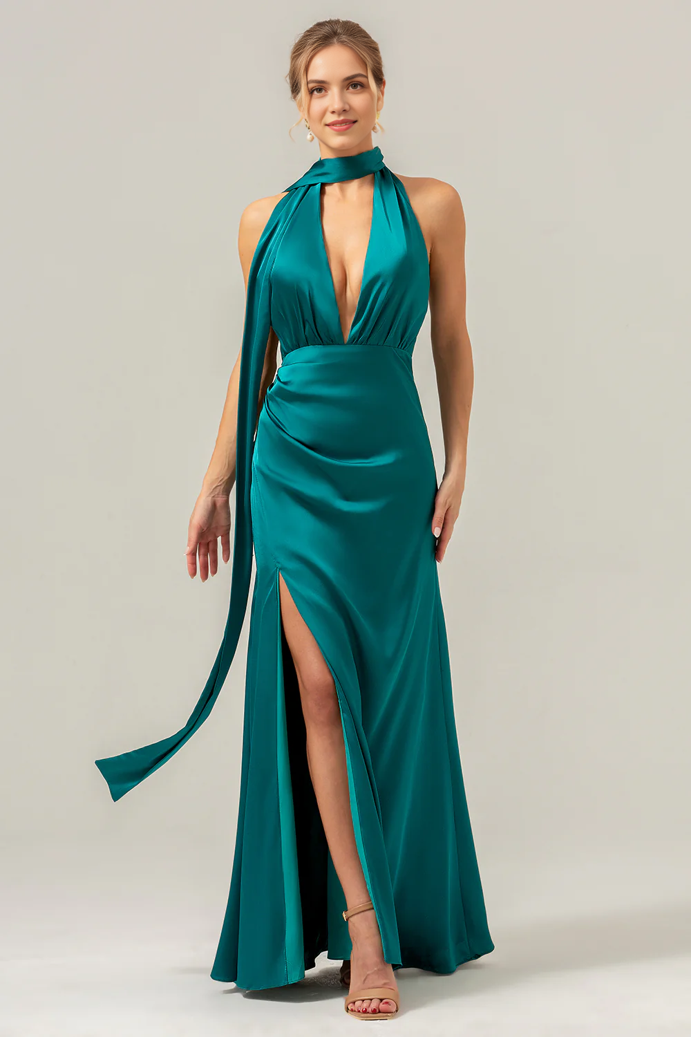 Deep V-neck backless satin bridesmaid dress with scarf