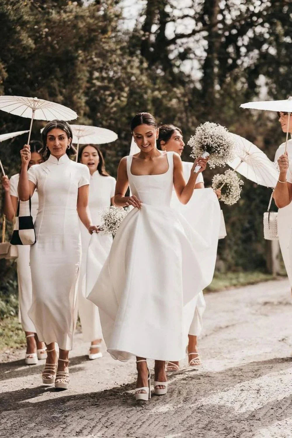Charming A Line Square Neck White Long Wedding Dress with Button UP
