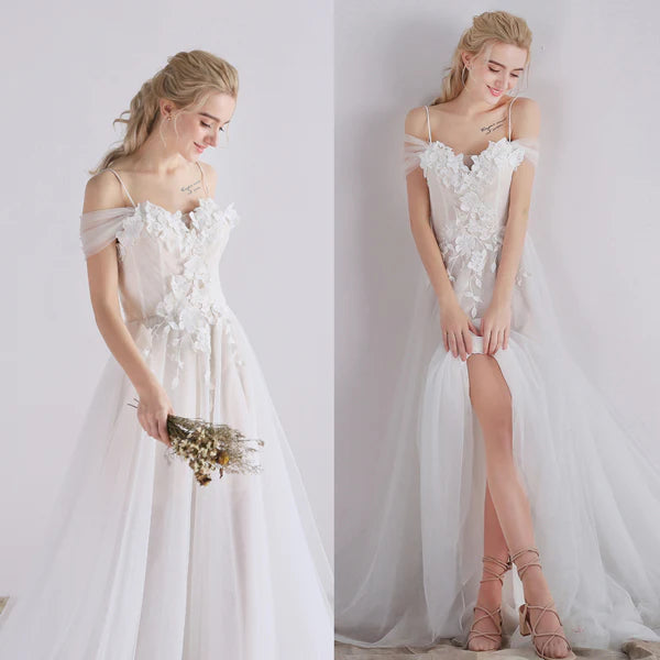 Thin suspender A-line side slit decal beach wedding dress