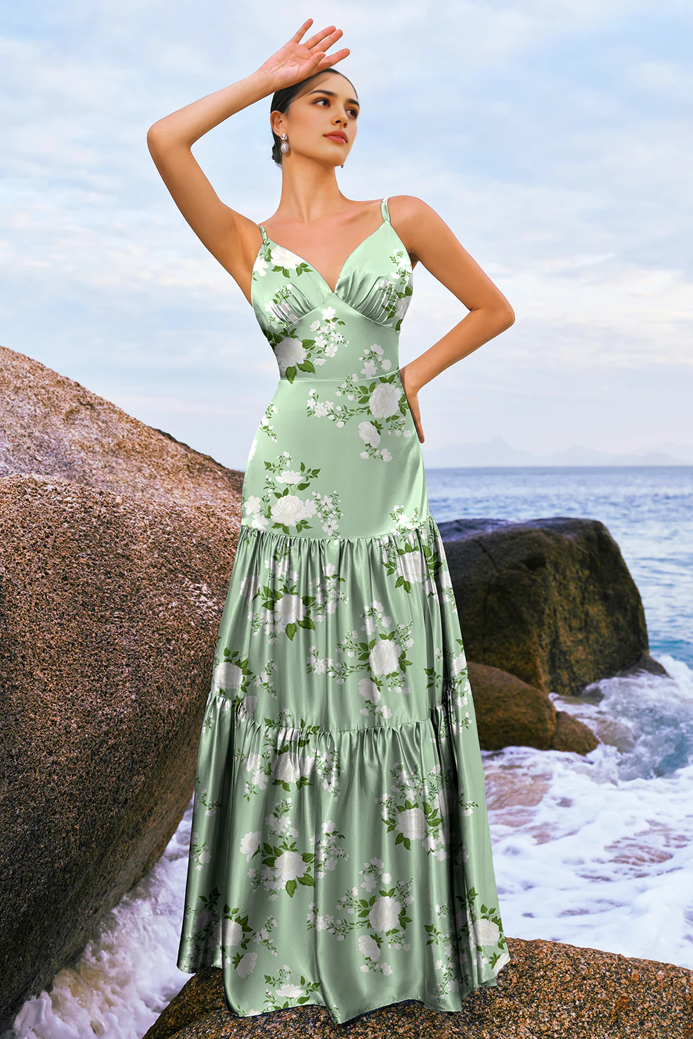 Floral skirt A-line thin shoulder strap satin long bridesmaid dress