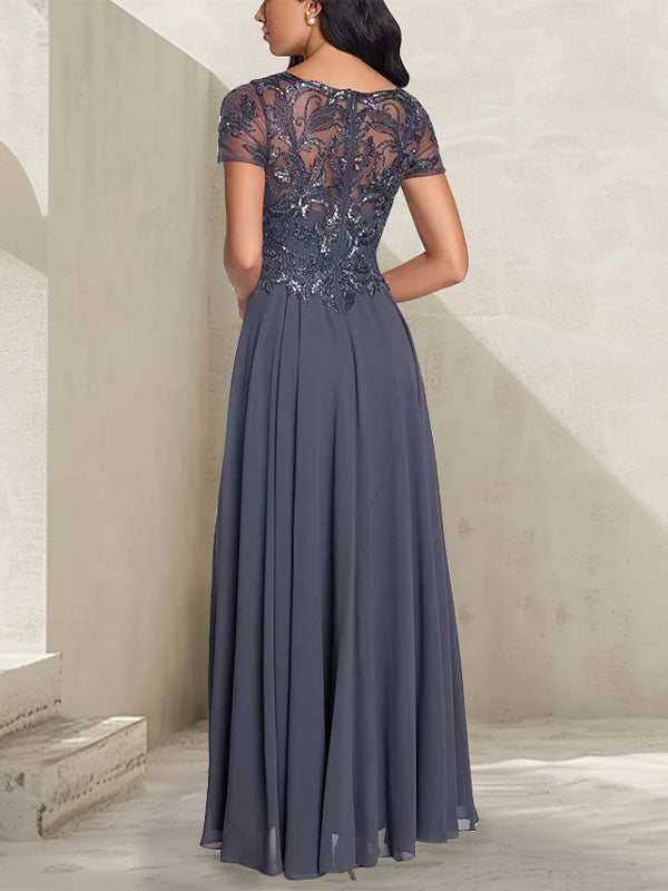 A-line short sleeved long bridal mother dress