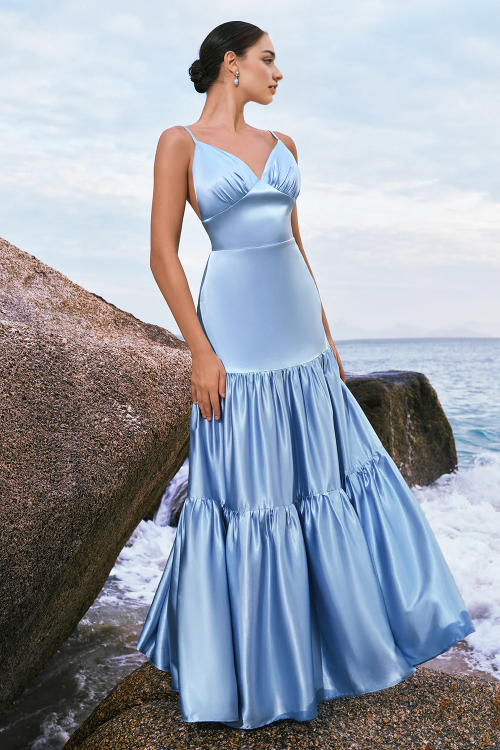 Light blue A-line thin shoulder strap satin long bridesmaid dress with ruffles