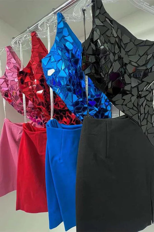 One-Shoulder Cut Glass Mirror Cutout Mini Cocktail Dress