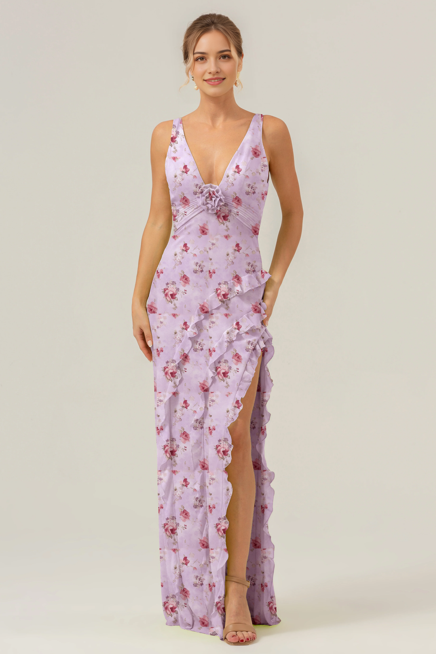 Big floral sheath V-neck backless bridesmaid dress with ruffles