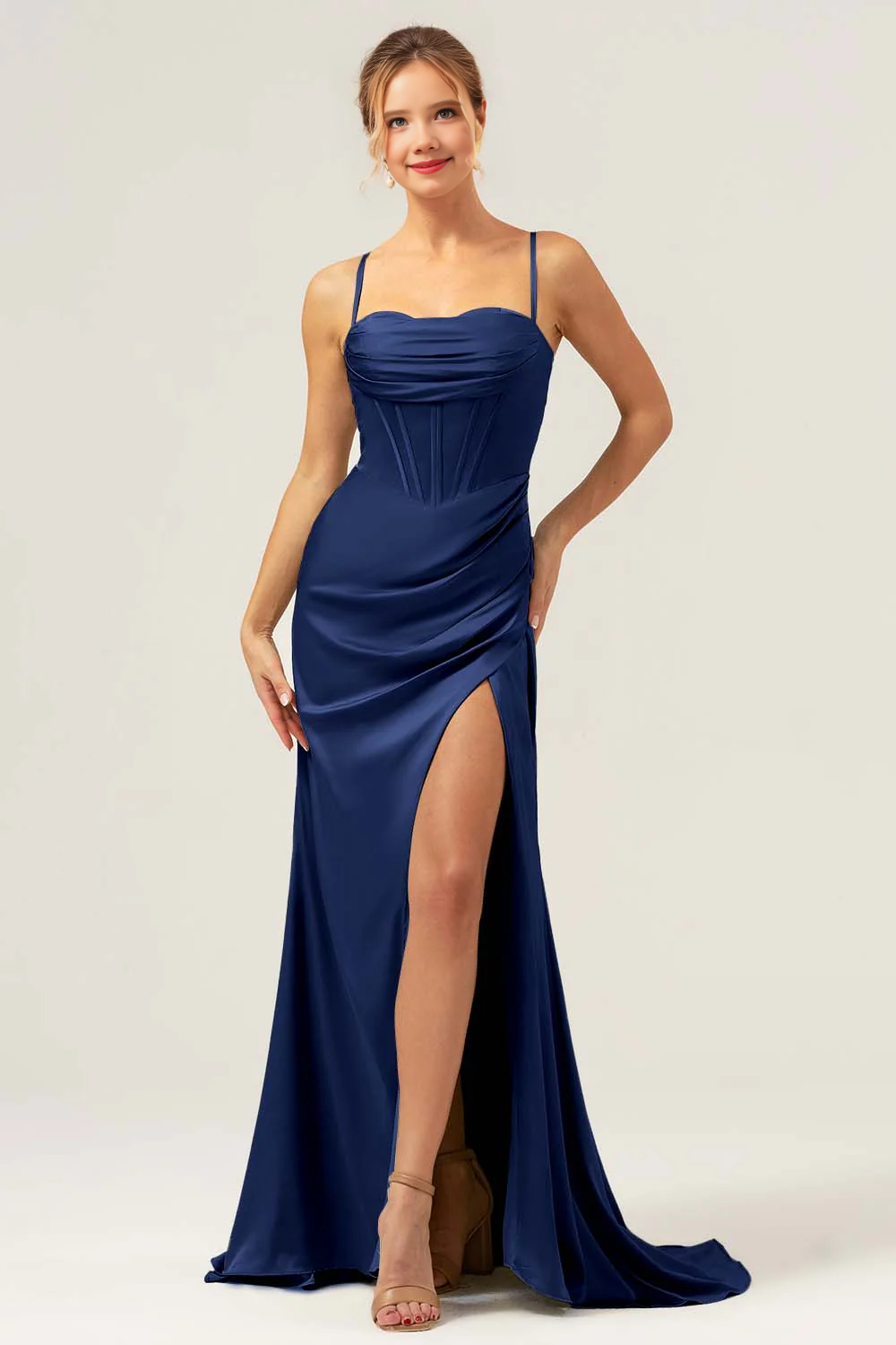 Collar pleated satin bridesmaid dress with slit