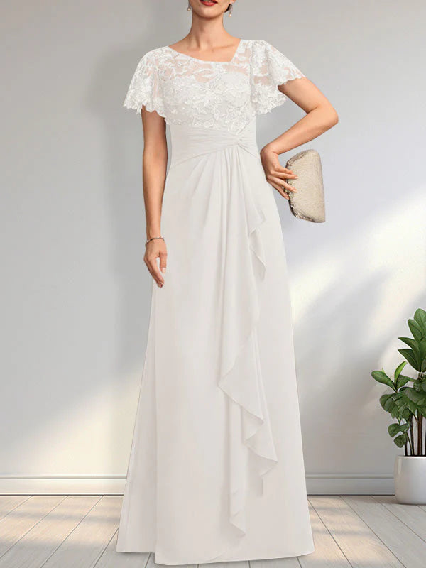 A-line Asymmetrical Illusion Floor-Length Lace Chiffon Mother of the Bride Dress With Cascading Ruffles Sequins